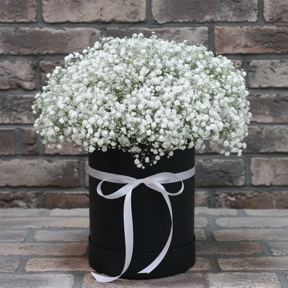 Цветочная композиция из Гипсофила в шляпной коробке в Ширинский