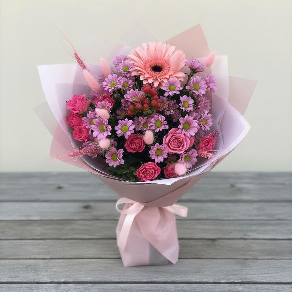 Букет цветов из: Розы, Герберы и Хризантемы в Ширинский