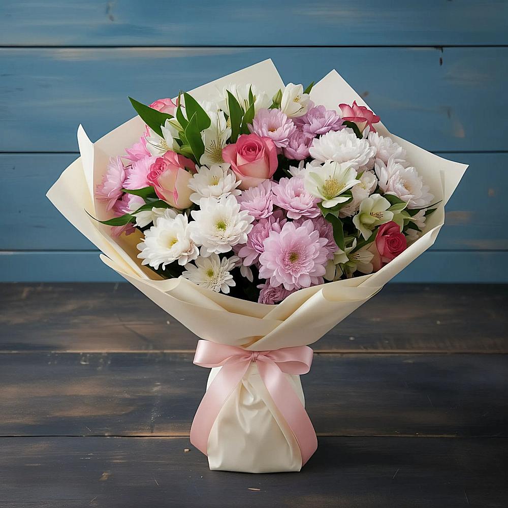 Букет цветов из: Хризантемы, Альстромерии и Розы в Ширинский